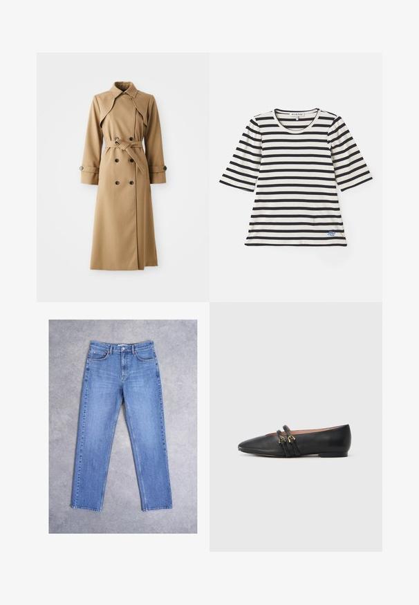 Trench coat beige con botones de doble botonadura, amplio cuello, cintura ceñida con cinturón y mangas largas. Presenta una tela con estampado y detalles de botones.; Camiseta a rayas en crema y azul marino, con mangas cortas, textura acanalada, escote redondo y un pequeño detalle del logotipo azul cerca del dobladillo.; Vaqueros de mezclilla azul con piernas rectas, cierre frontal de botones y diseño de cinco bolsillos, colocados planos sobre una superficie de concreto gris.; Zapatos planos de cuero negro con punta puntiaguda, con dos correas negras con detalles metálicos dorados. Textura suave y tacón bajo.