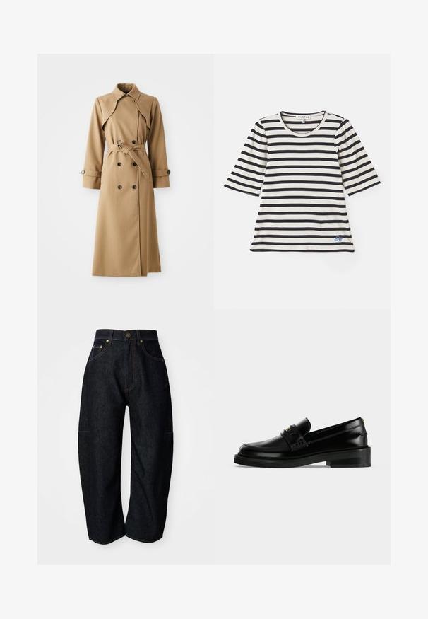 Beige trenchcoat met dubbele knopen, brede kraag, ceintuur in de taille en lange mouwen. Heeft een gemusterde stof en knoopaccenten.; Gestreept T-shirt in crème en marineblauw, met korte mouwen, ribbelstructuur, ronde halslijn en een klein blauw logodetail nabij de zoom.; Donkerdenim jeans met een relaxte pasvorm, voorzien van subtiele oranje stiksels, voorzakken en een platte tailleband met een knoopsluiting.; Zwarte gepolijste leren loafer met lage blokhak, moc toe stiksels en een decoratieve band aan de bovenkant.