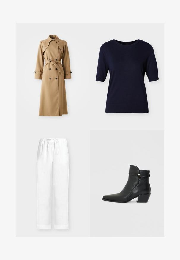 Beige trenchcoat met dubbele knopen, brede kraag, ceintuur in de taille en lange mouwen. Heeft een gemusterde stof en knoopaccenten.; Marineblauwe trui met korte mouwen, een ronde hals, geribbelde boorden en zoom, gemaakt van een gladgebreide stof. Geen zichtbare patronen of accenten.; Witte broek met losse pasvorm, elastische tailleband en verstelbaar trekkoord, met rechte pijpen en een gladde stoftextuur.; Zwarte leren enkelboots met een puntige neus, een lage blokhak en een decoratieve band met een zilveren gespaccent. Glad oppervlak.