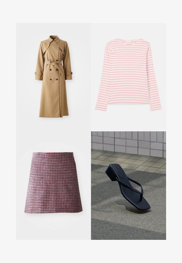 Beige trenchcoat med dobbeltknappe-lukning, bred krave, belted talje og lange ærmer. Har mønstrede stoffer og knapdetaljer.; Langærmet stribet bluse i lys pink og hvid. Blødt stof med en afslappet pasform og bred udskæring. Har sideslids ved kanten.; Rød og navy ternet nederdel med en tætsiddende talje og en hollandsk kant, tekstureret stof og en struktureret silhuet.; Sort læder thong-sandal med lav blokhæl på asfaltjord nær flisebelagt væg.