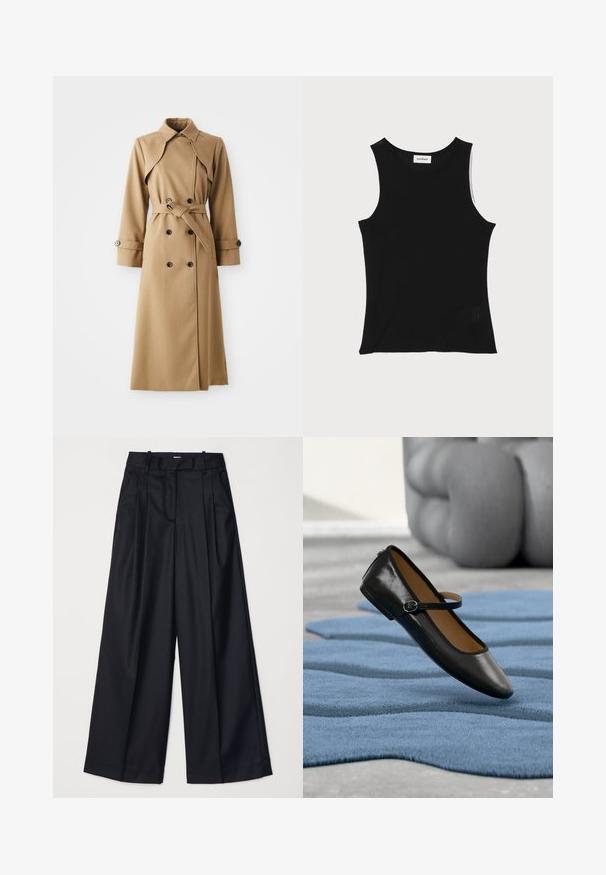 Beige trenchcoat met dubbele knopen, brede kraag, ceintuur in de taille en lange mouwen. Heeft een gemusterde stof en knoopaccenten.; Zwarte geribbelde tanktop met een ronde halslijn en brede schouderbanden, met een subtiele textuurafwerking en een klein gaasdetail aan de zoom.; Zwarte wijde broek van soepel materiaal, met een hoge taille, plooien en een getailleerd ontwerp. Eenvoudige zwarte details bij de taille.; Zwart leren Mary Jane-schoen met gespsluiting, geplaatst op een gestructureerd blauw tapijt, met een wazige grijze gestoffeerde bank op de achtergrond.