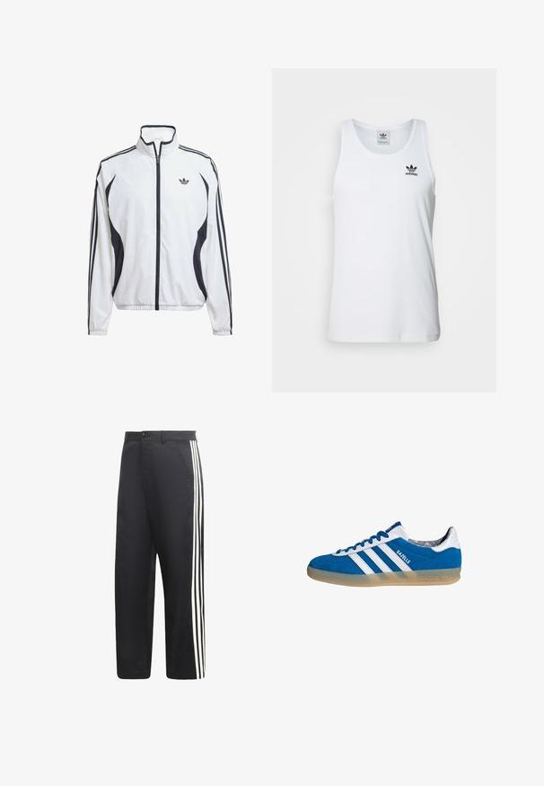 Weiße Trackjacke aus leichtem Material, mit schwarzen seitlichen Akzenten, drei schwarzen Streifen auf den Ärmeln und einem kleinen Logo auf der Brust.; Weißes geripptes Tanktop mit Rundhalsausschnitt, schwarzem Adidas-Logo auf der linken Brust und ohne Ärmel. Weiches Baumwollmaterial, lässige Passform.; Schwarze Hosen mit geradem Bein und drei weißen vertikalen Streifen an der Außenseite jedes Beins.; Blauer und weißer Adidas Gazelle Sneaker mit Gummisohle und drei weißen Streifen, aus der Seitenansicht auf weißem Hintergrund.