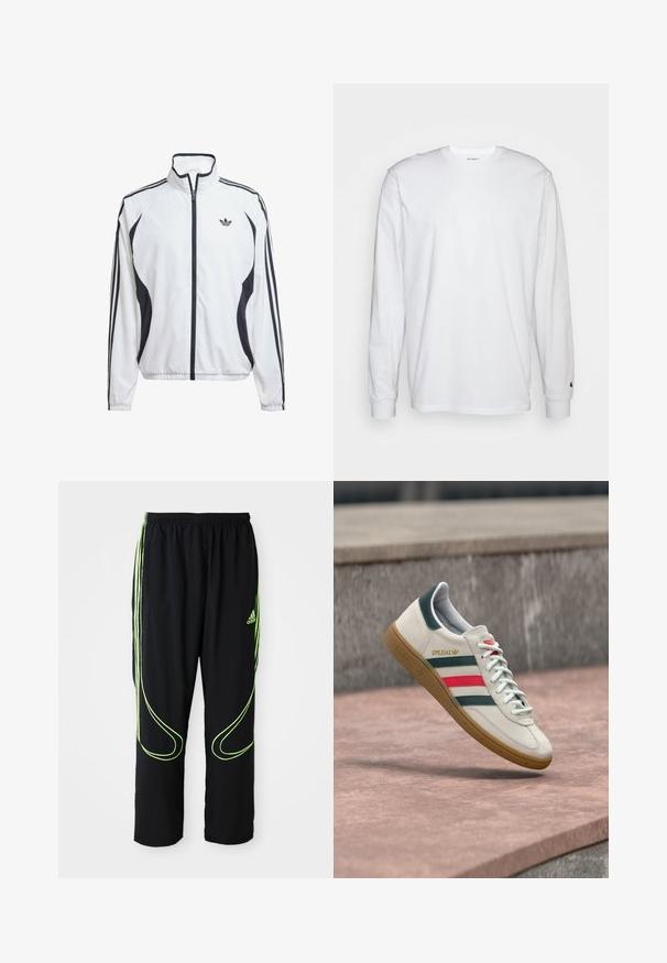 Weiße Trackjacke aus leichtem Material, mit schwarzen seitlichen Akzenten, drei schwarzen Streifen auf den Ärmeln und einem kleinen Logo auf der Brust.; Weißes Langarm-T-Shirt aus Baumwolle. Rundhals-Design mit gerippten Bündchen und kleinem Logo auf dem linken Ärmel. Glatte Textur.; Schwarze Adidas Sportpants mit neongrünen, gebogenen Linien und drei Streifen an den Seiten, elastischem Bund und Adidas-Logo am Vorderoberschenkel.; Weißer Adidas Sneaker mit grünen und roten Streifen, Gummisohle und "SPEZIAL"-Branding, der über einem Steinpflaster schwebt.