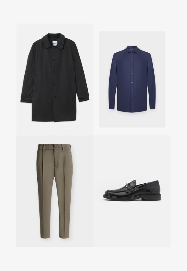 Manteau noir en tissu lisse, avec un col classique et six boutons. Comprend des poches latérales et des poignets boutonnés.; Chemise habillée bleu marine à manches longues avec un col classique et sept boutons sur le devant, présentée sur un fond gris clair.; Pantalon cintré couleur taupe avec plis devant, passants pour ceinture, poches latérales et fermeture par bouton.; Mocassins en cuir noir avec un embout rond, présentant des accents en métal doré et des détails de couture, montés sur une semelle en caoutchouc texturé et basse.
