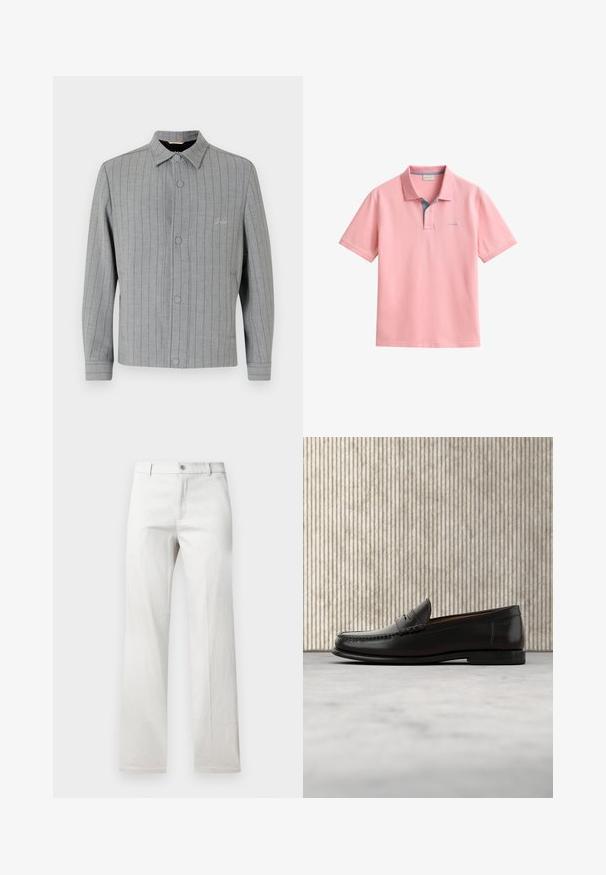 Chaqueta gris a rayas con cierre de botones en la parte delantera, cuello clásico y bolsillos laterales. Presenta un sutil detalle de costura y una tela texturizada.; Polo rosa de manga corta con cuello doblado, tapeta con dos botones y pequeño logo "GANT" en el pecho.; Pantalones grises claros con un diseño de pierna recta, fabricados en una tela suave, con cierre frontal de botón y bolsillos laterales.; Mocasín penny de cuero negro con tacón bajo, punta redondeada y detalles cosidos en la parte delantera y los laterales, mostrado sobre un fondo neutro.