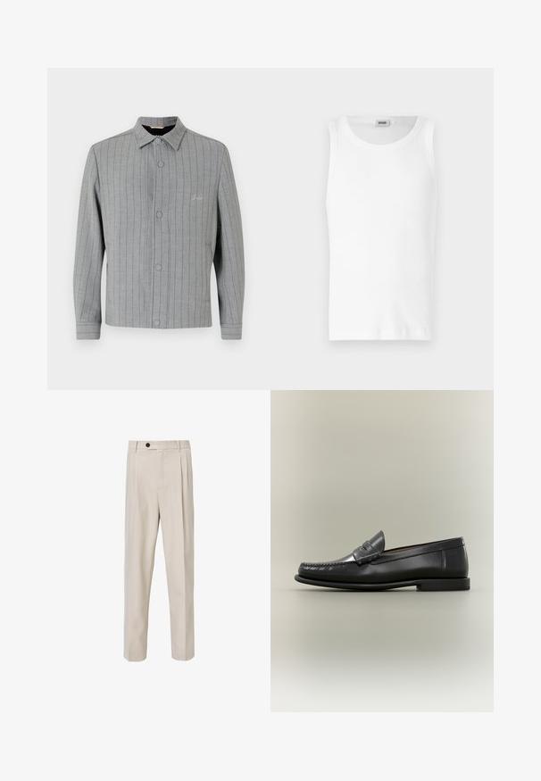 Gråstribet jakke med knaplukning foran, klassisk krave og sidelommer. Har diskret syningsdetalje og struktureret stof.; Hvid bomulds tanktop uden ærmer med rund halsudskæring og en glat tekstur. Enkel design, ingen mønstre eller accenter.; Beige skræddersyede bukser med lige ben-design, der har frontplisseringer, knaplukning og en glat tekstur.; Sort læder herresko med moc-toe-design, penny-rem og lav hæl på en neutral baggrund.