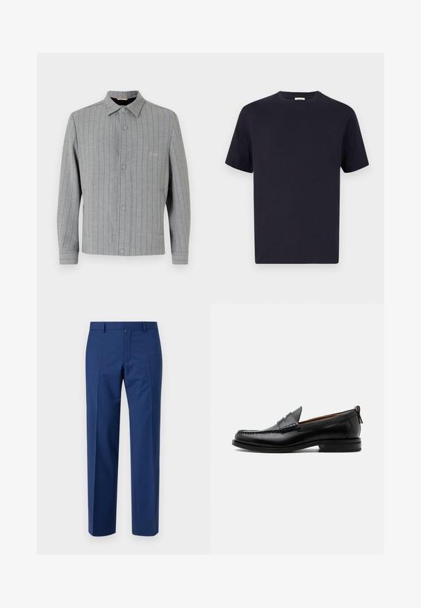 Gråstribet jakke med knaplukning foran, klassisk krave og sidelommer. Har diskret syningsdetalje og struktureret stof.; Marineblå bomulds T-shirt med rund halsudskæring, korte ærmer og afslappet pasform; glat tekstur; ingen synlige mønstre eller hardware.; Mørkeblå bukser med lige ben design, der har flad front, subtil tekstur, bæltestropper og lynlåsstop.; Sort læder herre loafer med moc-tå syning, penny strop, struktureret krave og lav stablet hæl på hvid baggrund.