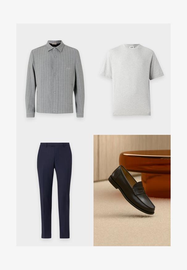 Gråstribet jakke med knaplukning foran, klassisk krave og sidelommer. Har diskret syningsdetalje og struktureret stof.; Grå kortærmet t-shirt lavet af blødt stof. Har rund hals, afslappet pasform og ingen mønstre eller logoer. Glat tekstur hele vejen igennem.; Marineblå skræddersyede bukser med et elegant design, flad front, smalle ben og ingen synlige detaljer eller mønstre. Glat stoftekstur.; Sort læder loafer-sko hængende over beige tæppe med ravfarvet moderne møblement i baggrunden.