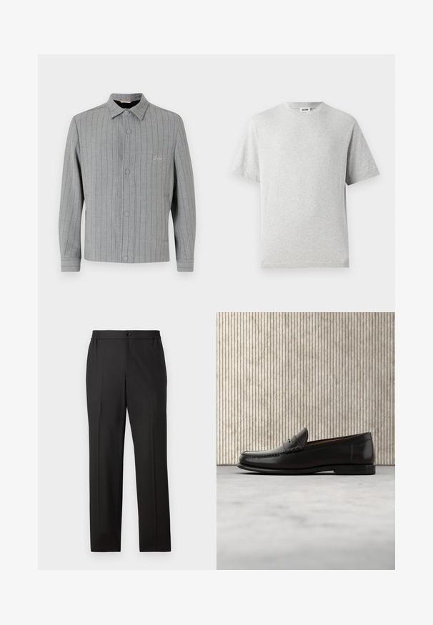 Gråstribet jakke med knaplukning foran, klassisk krave og sidelommer. Har diskret syningsdetalje og struktureret stof.; Grå kortærmet t-shirt lavet af blødt stof. Har rund hals, afslappet pasform og ingen mønstre eller logoer. Glat tekstur hele vejen igennem.; Sorte bukser med lige ben, elastisk talje med knaplukning, flad front og glat stofoverflade.; Sort læder penny loafer med lav hæl, rundet tå og syningsdetaljer langs fronten og siderne, vist på neutral baggrund.