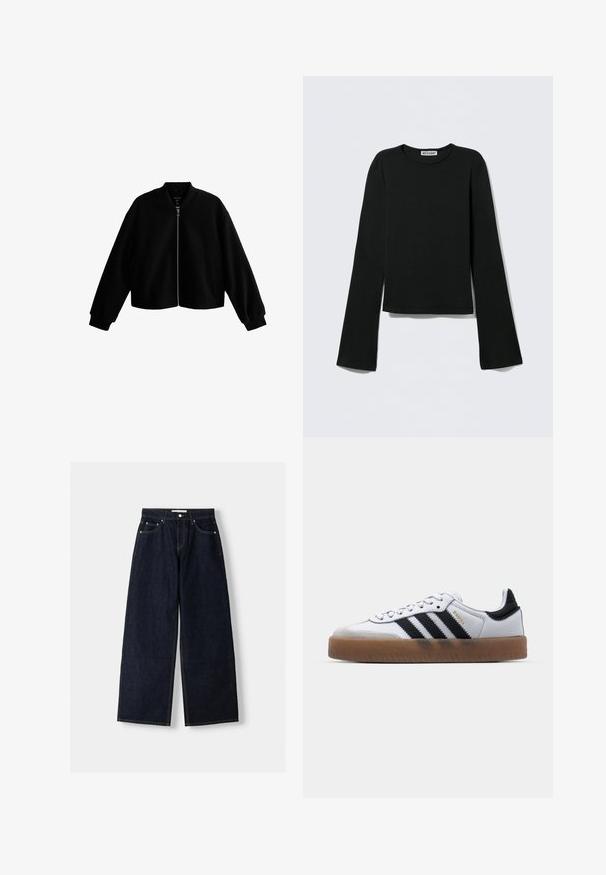 Veste bomber noire raccourcie avec un col rond, fermeture éclair à l'avant et poches latérales. Fabriquée en tissu lisse avec des poignets et un ourlet côtelés.; Haut noir à manches longues en tissu doux. Caractérisé par un col rond et des manches évasées avec un ourlet court. L'étiquette indique "WEEKDAY".; Jean large en denim bleu foncé à taille haute, avec cinq poches, des coutures contrastées et des éléments en métal argenté. Texture lisse et finition soignée.; Baskets en cuir blanc avec des rayures noires, semelle extérieure en caoutchouc beige, bout rond, fermeture lacée et embout en suède gris doux.