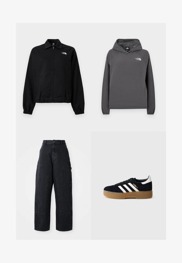 Juoda užtraukiama striukė su elastinėmis rankogaliais ir liemeniu, apykakle, šoninėmis kišenėmis ir baltu "The North Face" logotipu viršutiniame kairiajame krūtinės kampe.; Pilko spalvos vilnonis gobtuvas su laisvu siluetu, ribbinais rankogaliais ir mažu baltu logotipu kairėje krūtinės pusėje. Minkšta tekstūra ir paprastas dizainas.; Juodų džinsų plačios kojos cargo kelnės su aukštu liemeniu, dviem didelėmis priekinėmis kišenėmis ir užsegimu mygtuku liemenyje. Lygi tekstūra, kasdieniškas dizainas.; Juoda zomšinė sportbačio avalynė su trimis baltomis juostelėmis ir auksiniu prekės ženklu. Guminis padas su tekstūruotu sukibimu. Klasikinis žemo profilio dizainas, suapvalinta nosis.