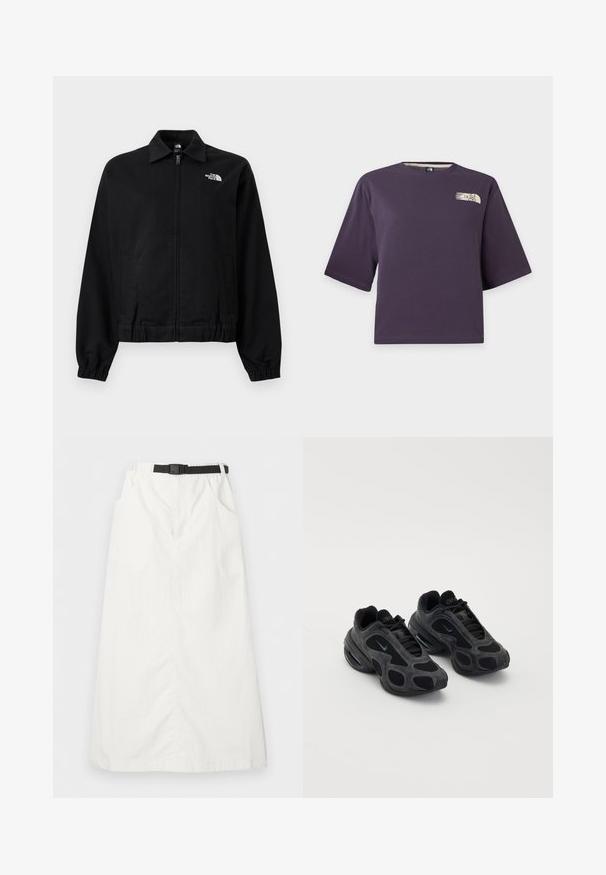 Veste noire à fermeture éclair avec poignets et taille élastiques, col, poches latérales, et logo blanc "The North Face" sur la partie supérieure gauche de la poitrine.; T-shirt court violet à manches courtes avec un petit logo beige The North Face sur la partie supérieure gauche de la poitrine.; Jupe longue blanche avec taille élastique et ceinture noire réglable, dotée de poches latérales et d'une coupe droite.; Baskets Nike noires avec des panneaux en maille et en daim, des découpes uniques et des colliers rembourrés. Des accents brillants sur les côtés mettent en valeur un design moderne.