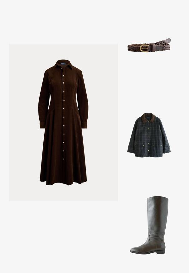 Veste à carreaux vert foncé en matériau résistant, dotée d'un col en velours côtelé marron et d'accents en métal doré, avec deux poches avant.; Robe midi marron foncé à manches longues, boutonnée, avec col et taille cintrée, présentée sur un fond clair uni.; Botte haute en cuir marron avec talon bas, bout rond et couture simple le long de la cheville et des bords de la semelle.; Ceinture en cuir marron tressé avec une boucle en métal doré et des extrémités en cuir cousues, enroulée sur un fond blanc.