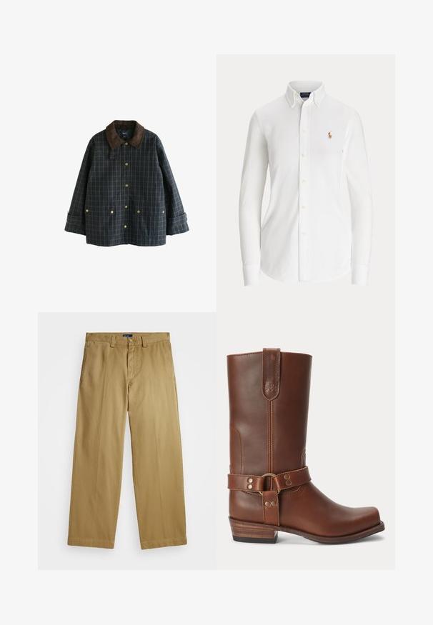 Veste à carreaux vert foncé en matériau résistant, dotée d'un col en velours côtelé marron et d'accents en métal doré, avec deux poches avant.; Chemise blanche à manches longues avec boutons, col boutonné et petit logo brodé joueur de polo sur la poitrine.; Polo Ralph Lauren COTTON CHINO STRAIGHT LEG TROUSER - Chino - khaki; Botte mi-mollet en cuir marron avec un petit talon en bois, bout rond et sangle décorative avec des clous métalliques autour de la cheville.