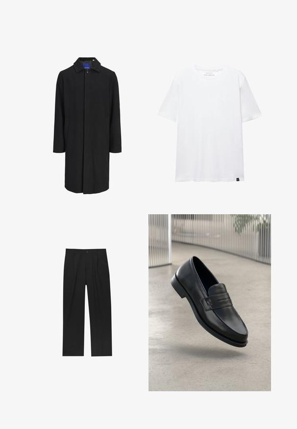 Zwarte lange herenjas met kraag, verborgen knoopsluiting en zijzakken, afgebeeld tegen een effen lichte achtergrond.; Witte T-shirt met korte mouwen, regular fit, ronde hals en klein zwart stoffen label aan de onderzoom.; Zwarte broeken met een recht model, gemaakt van een gladde stof. Voorzien van een voorplooien en een enkele knoopsluiting bij de taille.; Zwarte leren loafer met een gladde textuur, spitse neus en een decoratieve band over de wreef. Lichtgewicht zool, minimalistisch ontwerp.