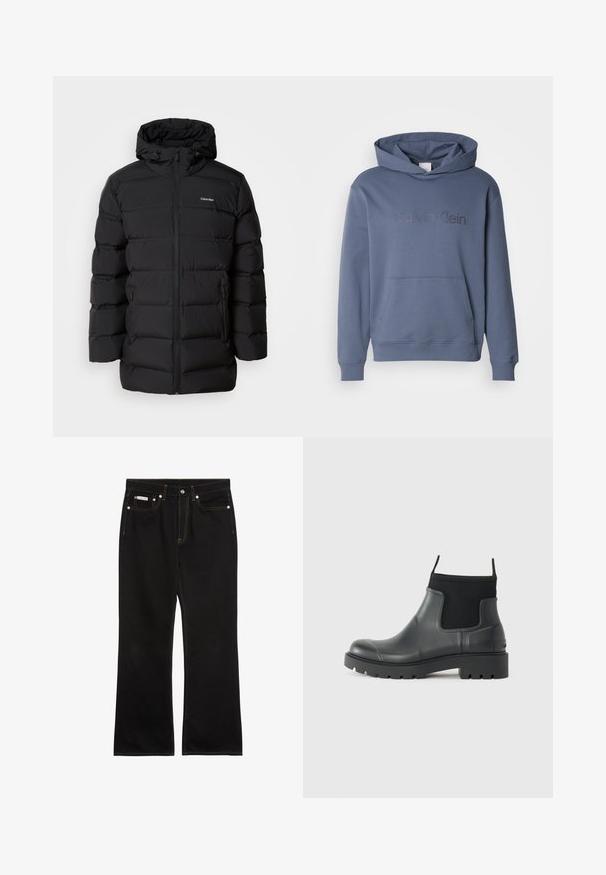 Schwarze Daunenjacke mit Reißverschluss vorne, Kapuze mit Kordelzug, gestepptem Muster und Markenlogo auf der linken Brust. Verfügt über Seitentaschen.; Graublaues Hoodie mit geräumiger Vordertasche, verstellbarem Kordelzug an der Kapuze und eingeprägtem "Calvin Klein"-Logo auf der Brust. Weiches Material.; Schwarze Jeans mit geradem Bein, oranger Naht, fünf Taschen, Knopfverschluss und kleinem Calvin Klein-Label auf der vorderen rechten Tasche.; Schwarze Knöchelstiefel aus Gummi mit matter Oberfläche, die ein schlankes Design, elastische Einsätze und eine robuste Sohle für bessere Bodenhaftung bieten.