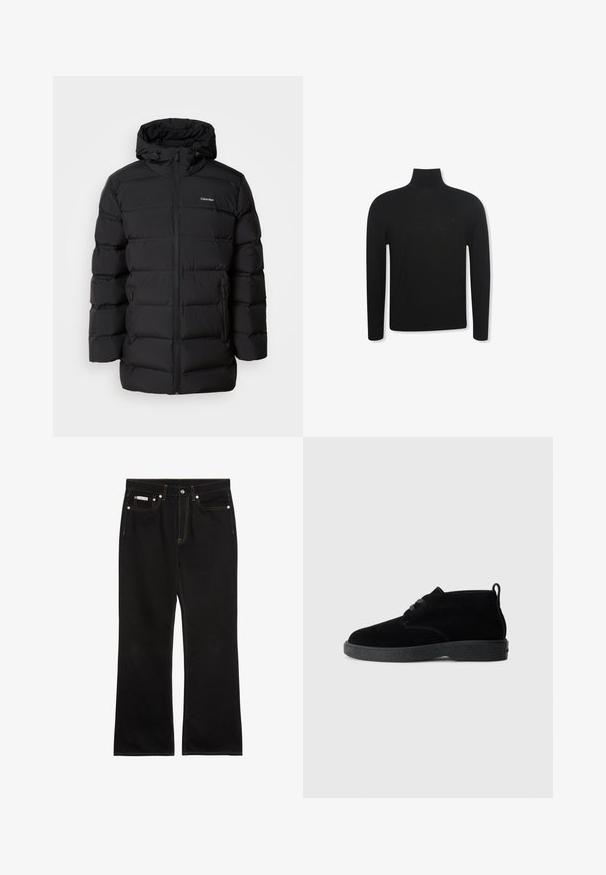 Chaqueta de plumas negra con cremallera frontal, capucha ajustable con cordón, patrón acolchado y logo de la marca en el lado izquierdo del pecho. Cuenta con bolsillos laterales.; Jersey negro de cuello alto y manga larga con un ajuste entallado y un logo sutil en la zona izquierda del pecho, mostrado sobre fondo blanco.; Vaqueros negros de pierna recta con costuras naranjas, cinco bolsillos, cierre de botón y una pequeña etiqueta Calvin Klein en el bolsillo delantero derecho.; Botas de tobillo de ante negro con punta redondeada, diseño de cordones, suela de goma negra y una lengüeta en la parte trasera para facilitar su uso.