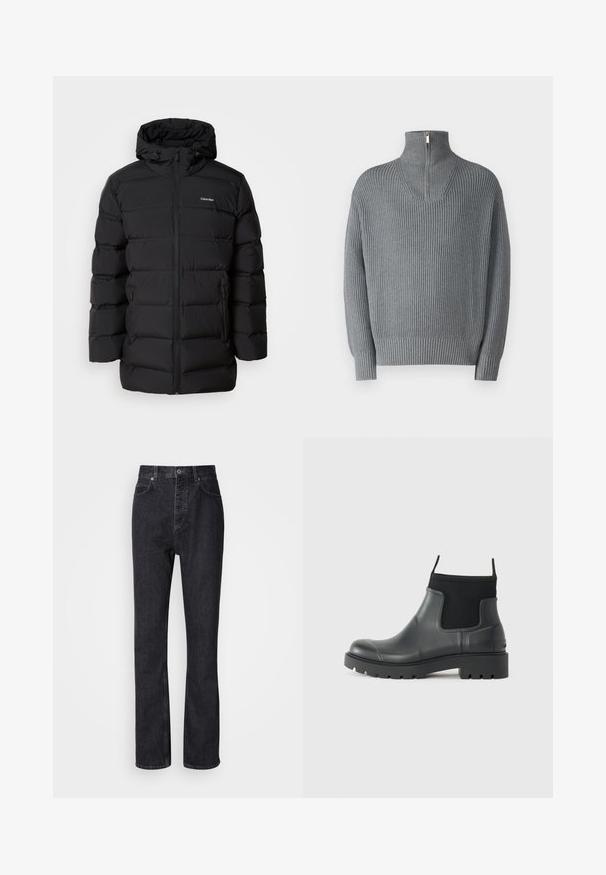 Chaqueta de plumas negra con cremallera frontal, capucha ajustable con cordón, patrón acolchado y logo de la marca en el lado izquierdo del pecho. Cuenta con bolsillos laterales.; Suéter gris de canalé con un alto cuello con cremallera y mangas largas. Presenta un patrón de punto texturizado, con un ajuste relajado y puños elásticos.; Jeans de mezclilla negros de cintura alta con cierre de botón y cremallera, bolsillos frontales y traseros, y corte recto.; Botas de tobillo negras de goma con acabado mate, que presentan un diseño elegante, paneles elásticos y una suela gruesa para mayor tracción.