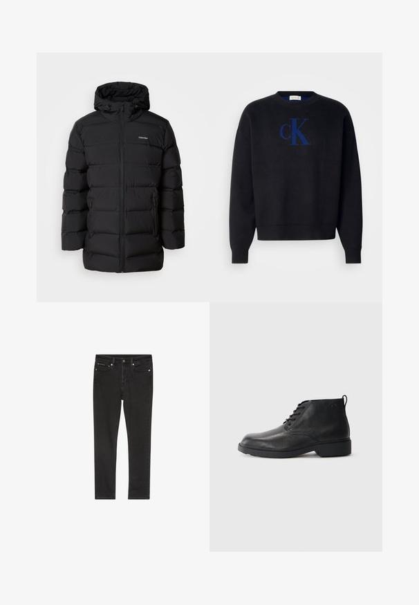 Schwarze Daunenjacke mit Reißverschluss vorne, Kapuze mit Kordelzug, gestepptem Muster und Markenlogo auf der linken Brust. Verfügt über Seitentaschen.; Schwarzer Strickpullover mit Rundhalsausschnitt und gerippten Bündchen, mit einem blauen gestickten "cK"-Logo auf der Vorderseite.; Schwarze Denim-Jeans mit schmaler Passform, ausgestattet mit vier Taschen, einem Metallknopfverschluss und leichten Used-Details. Glatte Textur und klassisches Design.; Schwarze Lederstiefel mit strukturierter Oberfläche, runder Zehenpartie, Schnürung vorne und einer robusten Gummisohle. Verfügt über eine kleine Zuglasche an der Rückseite.