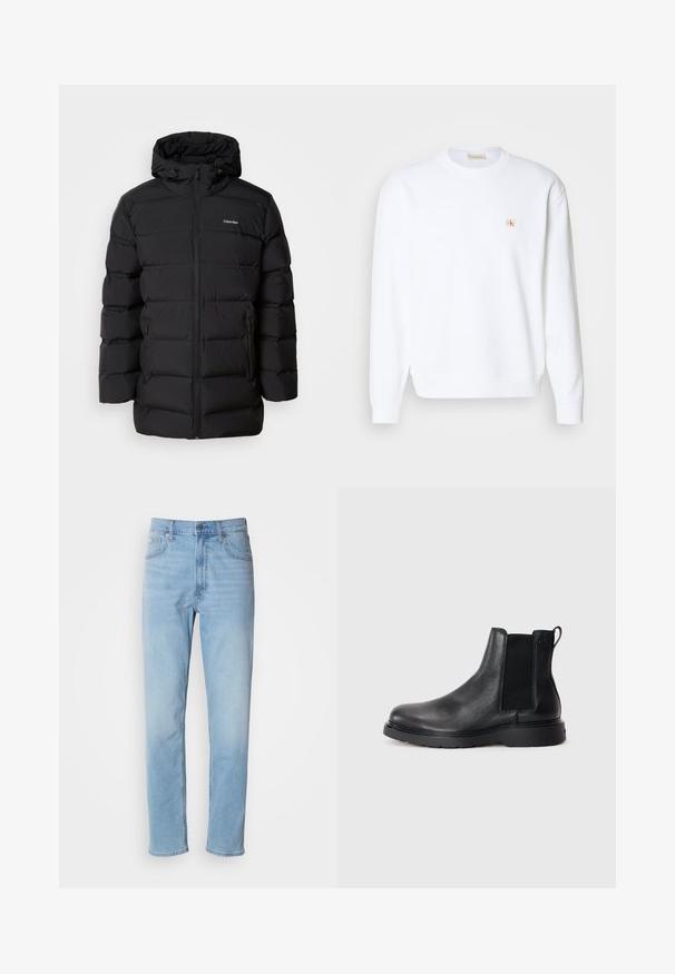Schwarze Daunenjacke mit Reißverschluss vorne, Kapuze mit Kordelzug, gestepptem Muster und Markenlogo auf der linken Brust. Verfügt über Seitentaschen.; Weißes Sweatshirt mit langen Ärmeln, Rundhalsausschnitt und gerippten Bündchen. Verfügt über ein kleines Logo in Rot und Beige im Bereich der linken Brust. Glatte Textur.; Hellblaue Jeans mit geradem Schnitt, fünf Taschen und Gürtelschlaufen. Der Stoff hat eine glatte Textur mit einem leichten Verblassungseffekt.; Schwarze Leder-Chelsea-Boots mit strukturiertem Finish, elastischen seitlichen Einsätzen und einer robusten Gummisohle. Dezentes Branding an der Ferse.