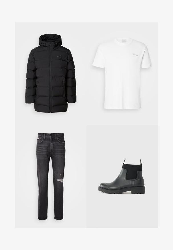 Schwarze Daunenjacke mit Reißverschluss vorne, Kapuze mit Kordelzug, gestepptem Muster und Markenlogo auf der linken Brust. Verfügt über Seitentaschen.; Weißes Baumwoll-T-Shirt mit kurzen Ärmeln und Rundhalsausschnitt. Mit einem kleinen schwarzen "Calvin Klein"-Logo auf der linken Brust.; Schwarze Denim-Jeans mit gerade geschnittenem Bein, ausgefransten Details an den Knien, Fünf-Taschen-Stil und einem dezenten, ausgewaschenen Finish.; Schwarze Knöchelstiefel aus Gummi mit matter Oberfläche, die ein schlankes Design, elastische Einsätze und eine robuste Sohle für bessere Bodenhaftung bieten.