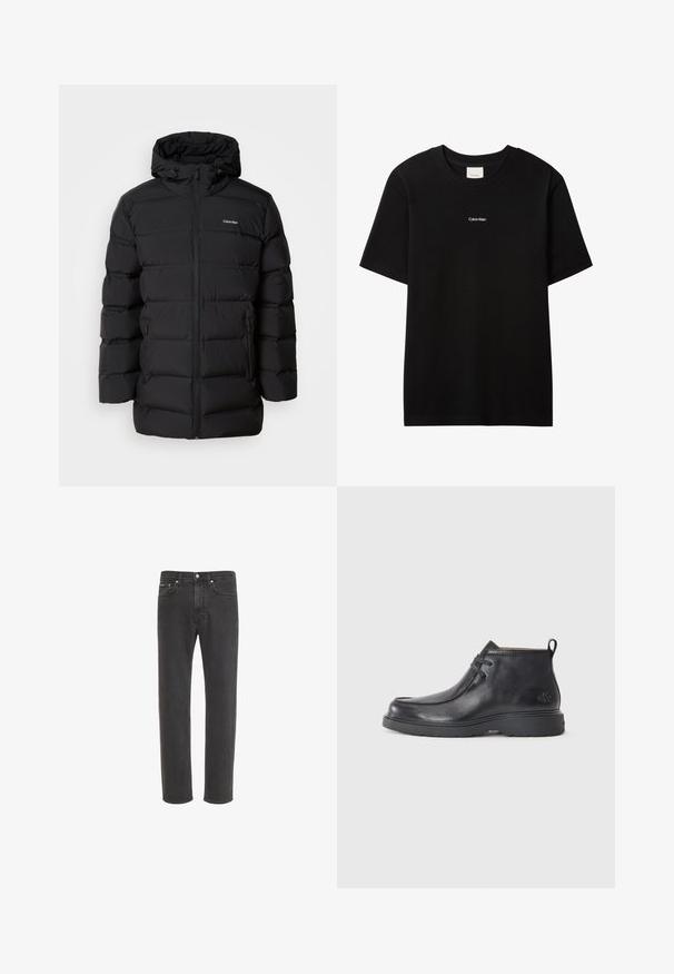 Schwarze Daunenjacke mit Reißverschluss vorne, Kapuze mit Kordelzug, gestepptem Muster und Markenlogo auf der linken Brust. Verfügt über Seitentaschen.; Schwarzes Baumwoll-T-Shirt mit Rundhalsausschnitt und kurzen Ärmeln. Auf der Vorderseite befindet sich ein kleines weißes "Calvin Klein"-Logo. Glatte, klassische Passform.; Schwarze Straight-Leg-Jeans aus Denim mit Knopf- und Reißverschluss vorne, Vorder- und Gesäßtaschen, auf weißem Hintergrund dargestellt.; Schwarze Leder-Stiefel bis zur Knöchel mit runder Zehenform, Schnürdesign und einer Ziehlasche auf der Rückseite. Strukturiertes Obermaterial und Gummisohle.