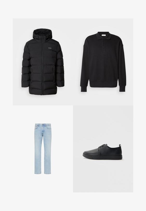 Zwarte pufferjack met een ritssluiting aan de voorkant, een trekkoordhoed, een gebouwde patroon en een merklogo op de linkerborst. Bevat zijzakken.; Zwarte longsleeve poloshirt, geribbelde textuur, drie-knopen sluiting, geborduurd logo op de borst, aansluitende manchetten en zoom. Zachte katoenmix stof.; Lichtblauwe rechttoe-rechtaan denim jeans met voorste knoop, ritssluiting en ontwerp met vijf zakken, getoond op een witte achtergrond.; Zwarte leren sneaker met een gladde afwerking, ronde neus, tonale stiknaden, vetersluiting aan de voorkant en een vlakke rubberen zool. Lussje aan de hak.