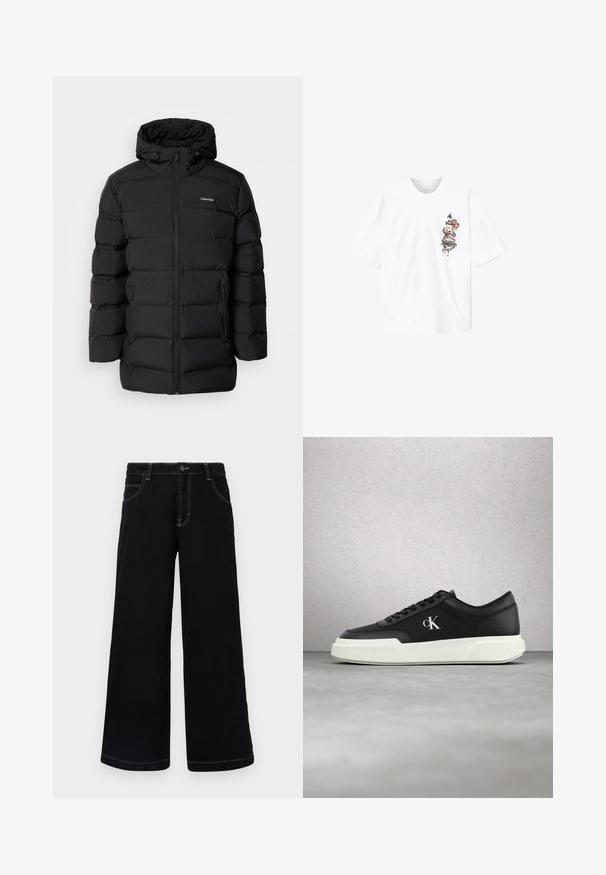 Schwarze Daunenjacke mit Reißverschluss vorne, Kapuze mit Kordelzug, gestepptem Muster und Markenlogo auf der linken Brust. Verfügt über Seitentaschen.; Weißes Baumwoll-T-Shirt mit einem farbenfrohen grafischen Design auf der Vorderseite, mit detaillierten und vielfältigen Mustern. Kurze Ärmel und Rundhalsausschnitt.; Schwarze weit geschnittene Jeanshose aus Denim, mit Knopfverschluss, fünf Taschen und kontrastierendem weißen Nähten entlang der Nähte.; Schwarzer Ledersneaker mit weißer Sohle und "cK" Logo, schwebend vor einer Wand aus Glasklötzen und einem Betonboden.