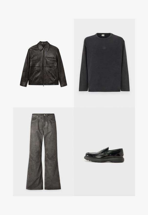 Chaqueta de cuero negra con cremallera frontal, cuello clásico y tres bolsillos con cremallera, presentada plana sobre un fondo blanco.; Camiseta de manga larga en gris oscuro, confeccionada en algodón suave, con un sutil logo bordado en el pecho, cuello redondo y corte relajado.; Pantalones de pierna ancha de color gris oscuro con bolsillos delanteros, cierre con botones y detalles de costuras visibles por todas partes.; Mocasín de cuero negro con un acabado brillante, punta redondeada, detalles de costura sutiles y una suela de goma gruesa para mayor durabilidad.