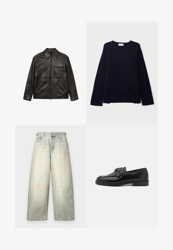 Schwarze Lederjacke mit Vorderreißverschluss, klassischem Kragen und drei Reißverschlusstaschen, flach auf weißem Hintergrund gezeigt.; OFFICINE GENERALE NATE CNECK - Strickpullover - black; Weit geschnittene, ausgewaschene graue Jeans aus Denim mit hoher Taille, Knopfverschluss vorne, Taschen und dezenten Used-Details.; Schwarze Leder-Lederschuhe mit abgerundeter Zehenpartie und dekorativem Schnallenakzent. Flacher, solider Absatz und durchgehend glatte Oberfläche.