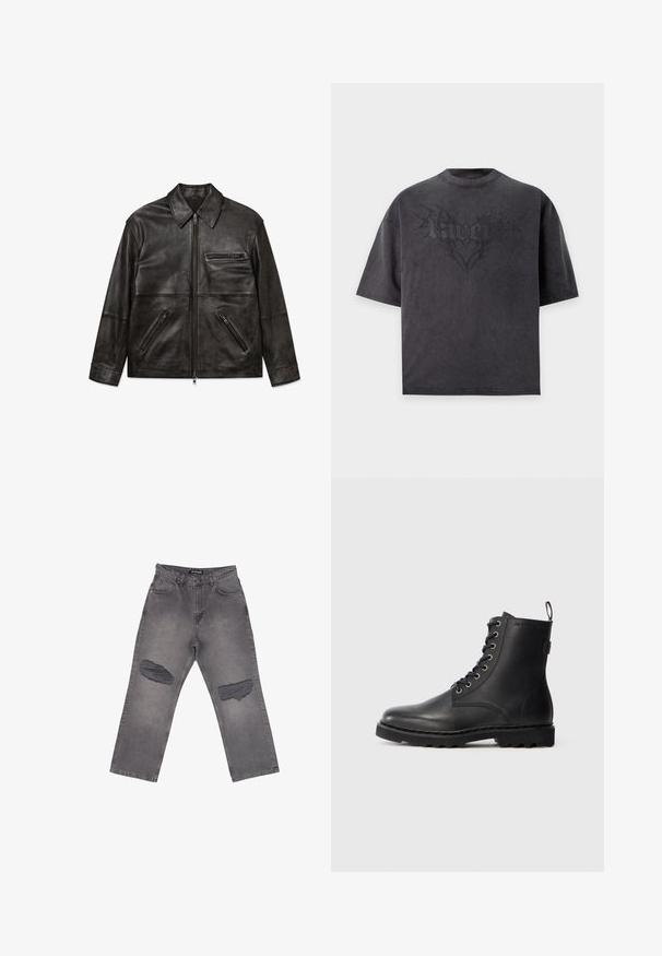 Schwarze Lederjacke mit Vorderreißverschluss, klassischem Kragen und drei Reißverschlusstaschen, flach auf weißem Hintergrund gezeigt.; Schwarzes oversized T-Shirt mit kurzen Ärmeln, subtiler dunkler Grafik und dem Wort "pamelk" in stilisierter Schrift auf der Brust.; Hoch taillierte graue Denim-Jeans mit weitem Bein und großen abgenutzten Stellen an beiden Knien, mit Taschen vorne und Gürtelschlaufen.; Schwarze Lederstiefelette mit runder Zehenform, Schnürdesign und Metallösen. Verfügt über eine strukturierte Sohle und einen Zuglasche an der Ferse für einfachen Einstieg.