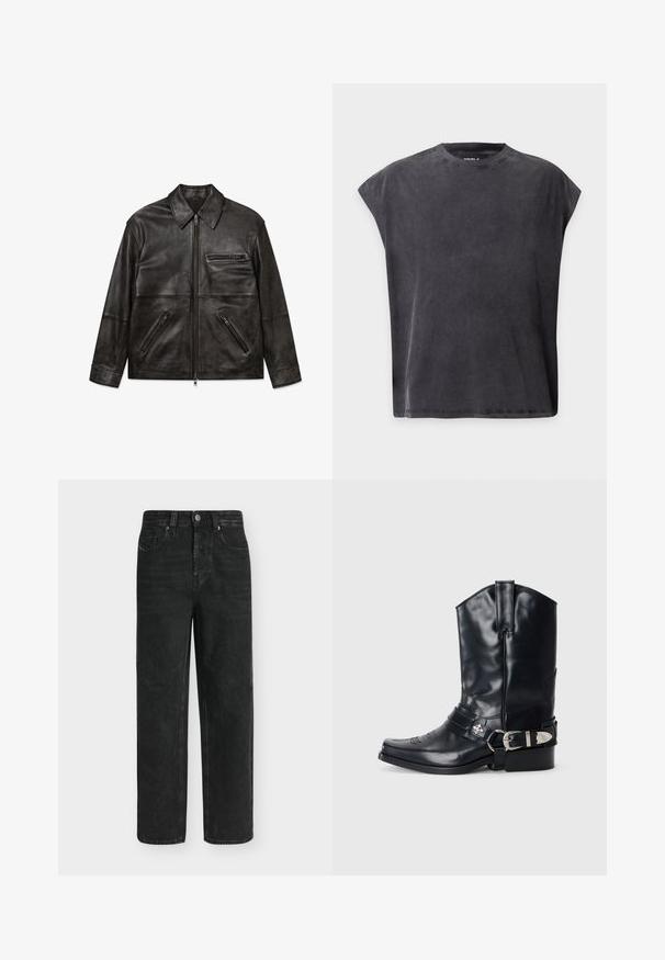 Schwarze Lederjacke mit Vorderreißverschluss, klassischem Kragen und drei Reißverschlusstaschen, flach auf weißem Hintergrund gezeigt.; Schwarzes ärmelloses T-Shirt mit Rundhalsausschnitt, lässiger, kastiger Passform und leicht abgesenkten Schultern auf einfarbigem Hintergrund.; Schwarze Jeans mit geradem Bein und hoher Taille, mit Knopf und Reißverschluss vorne, seitlichen und hinteren Taschen, auf einem einfarbigen hellen Hintergrund präsentiert.; Schwarze Ledersporenstiefel mit spitzem Zeh, hohem Schaft, dekorativer Stickerei und silberner Schnallenhardware am Riemen. Strukturiertes Finish.