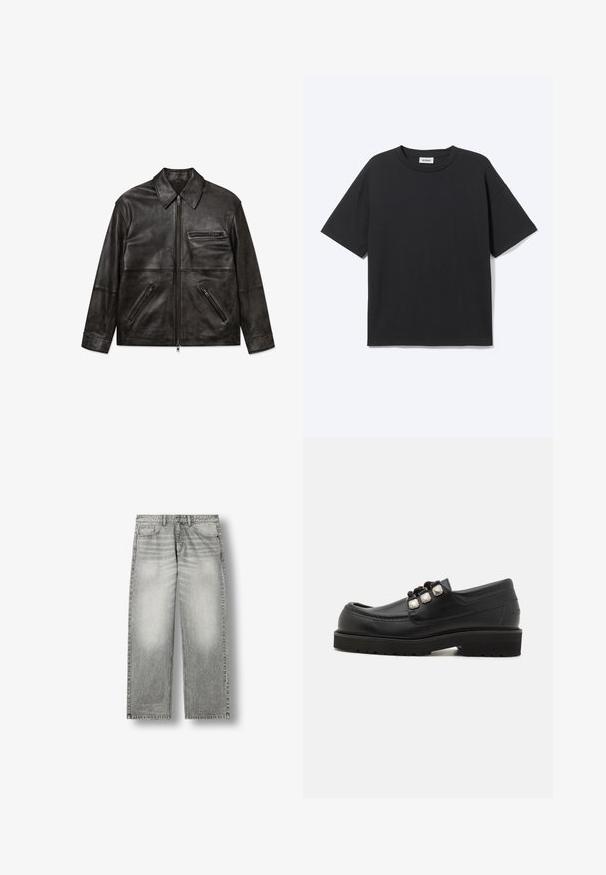 Sort læderjakke med frontlynlås, klassisk krave og tre lynlåslommer, vist fladt på hvid baggrund.; Sort T-shirt med korte ærmer og rund hals med afslappet pasform, forfra, ensfarvet design og synligt Weekday-mærke inde i kraven.; Gråblegede straight-leg jeans med forlommer, bæltestropper og knaplukning på hvid baggrund.; Sorte læder loafers med rund tå, der har tre metalliske detaljer og en tekstureret sål for godt greb. Glat overdel og syet detalje.