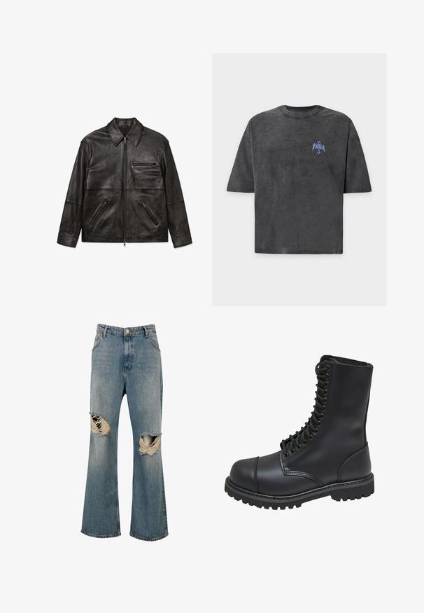 Schwarze Lederjacke mit Vorderreißverschluss, klassischem Kragen und drei Reißverschlusstaschen, flach auf weißem Hintergrund gezeigt.; Anthrazitgraues T-Shirt mit kurzen Ärmeln, gewaschener Struktur und kleinem blauem Grafiklogo auf der linken Brust.; Blaue Jeans aus Denim mit weitem Bein und großen zerrissenen Löchern an beiden Knien, die ausgefranste Kanten und weiße Fäden zeigen.; Schwarze Lederkampfstiefel mit hohem Schaft, Schnürung an der Vorderseite, gepolstertem Kragen und rutschfester, strukturierter Sohle für guten Halt. Mit verstärkter Zehenkappe.