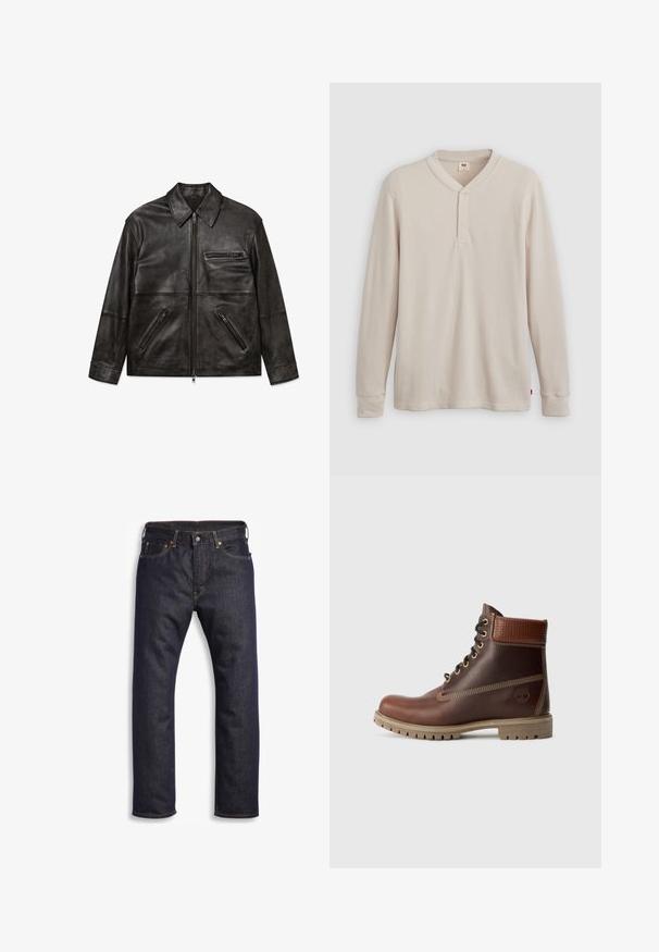 Chaqueta de cuero negra con cremallera frontal, cuello clásico y tres bolsillos con cremallera, presentada plana sobre un fondo blanco.; Camisa tipo henley de manga larga en tejido acanalado color beige claro, con escote en V,tapeta de tres botones, y mangas con puños. Etiqueta de logo roja en el dobladillo.; Vaqueros de denim azul oscuro con corte recto, diseño de cinco bolsillos, herrajes metálicos y costuras naranjas contrastantes. Textura suave, sin patrones visibles.; Botín de cuero marrón con cordones, cuello acolchado, costuras en contraste y suela resistente, mostrado desde el lado exterior sobre un fondo blanco.