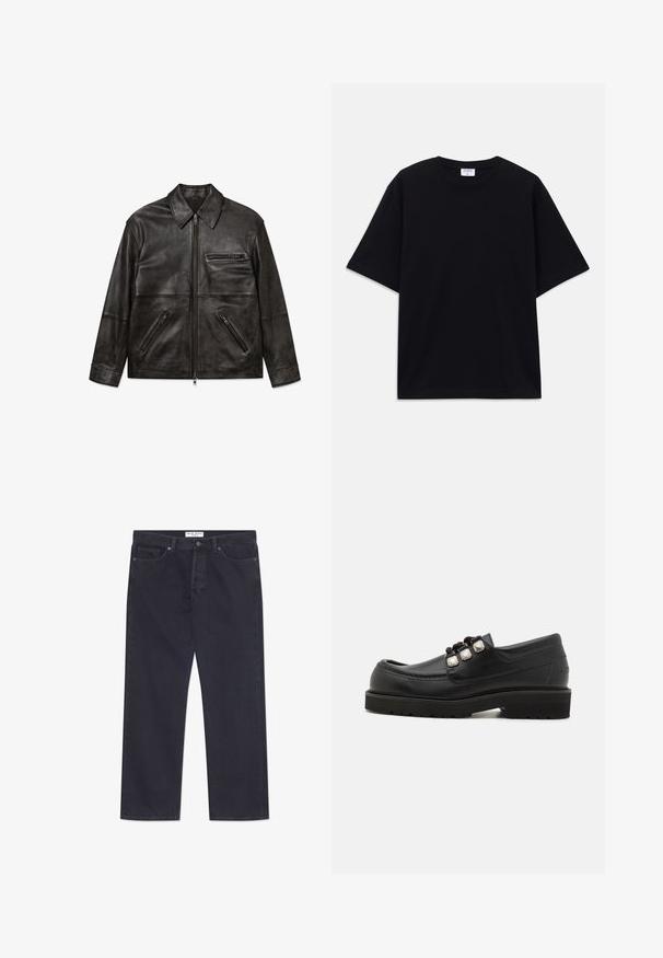 Schwarze Lederjacke mit Vorderreißverschluss, klassischem Kragen und drei Reißverschlusstaschen, flach auf weißem Hintergrund gezeigt.; Schwarzes, oversized T-Shirt mit kurzen Ärmeln und rundem Ausschnitt, mit sichtbarem Filippa K Markenlabel im Kragen.; Dunkelblaue Denim-Jeans mit geradem Bein, fünf Taschen und einer klassischen Knopf- und Reißverschlussöffnung. Merkmale sind kontrastierende Nähte.; Schwarze Lederloafers mit rundem Zehenbereich, ausgestattet mit drei metallischen Akzenten und einer strukturierten Sohle für besseren Halt. Glattes Obermaterial und gestickte Details.