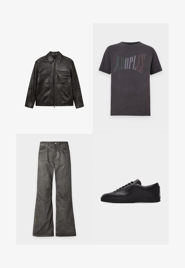 Chaqueta de cuero negra con cremallera frontal, cuello clásico y tres bolsillos con cremallera, presentada plana sobre un fondo blanco.; Camiseta de manga corta de color gris carbón con cuello redondo y el logo "THE KOOPLES" en degradado verde, blanco y rojo en el pecho.; Pantalones de pierna ancha de color gris oscuro con bolsillos delanteros, cierre con botones y detalles de costuras visibles por todas partes.; Zapatilla baja negra de cuero con cordones en la parte delantera y suela plana de goma, mostrada de perfil sobre un fondo blanco liso.