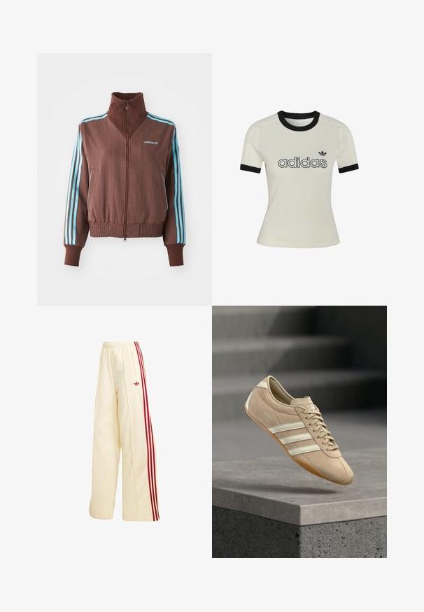 Bruine zip-up jas met een geribbelde textuur, voorzien van turquoise drie-strepen accenten op de schouders en mouwen, en een geborduurd logo.; Witte gebreide top met korte mouwen en een zwarte geribde kraag en manchetten, met zwarte Adidas-tekst en trefoil-logo aan de voorkant.; Crèmekleurige wijde trainingsbroek met rode zijstrepen, elastische tailleband, ritssluitingzak en rood Adidas-logo op de dij.; Lichtbeige sneaker met drie witte horizontale strepen, bovenwerk van suède en een rubberen gumzool, met een logo aan de zijkant.