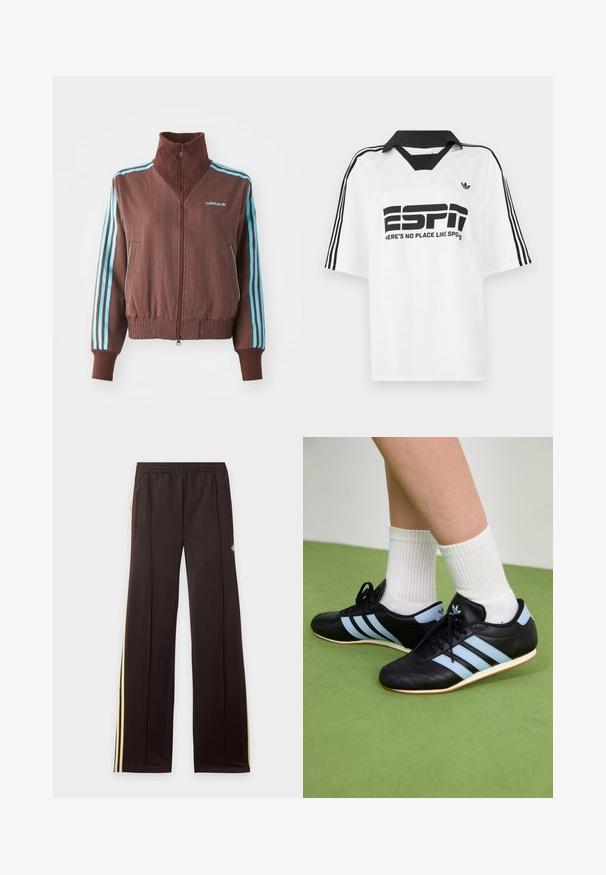 Bruine zip-up jas met een geribbelde textuur, voorzien van turquoise drie-strepen accenten op de schouders en mouwen, en een geborduurd logo.; Witte korte mouwen blouse met een zwarte kraag, drie zwarte strepen op de mouwen en een gedurfde zwarte tekst met de woorden "ESPN" en "HIER IS NO PLACE LIKE SPOTS."; Zwarte trainingsbroek met gele zijstrepen, elastische tailleband, ritszakken aan de zijkant en een klein logo op het bovenbeen.; Zwarte leren sportschoenen met lichtblauwe strepen, gemêleerde bovenkant en rubberen zolen, gecombineerd met witte geribde sokken op groene vloer.