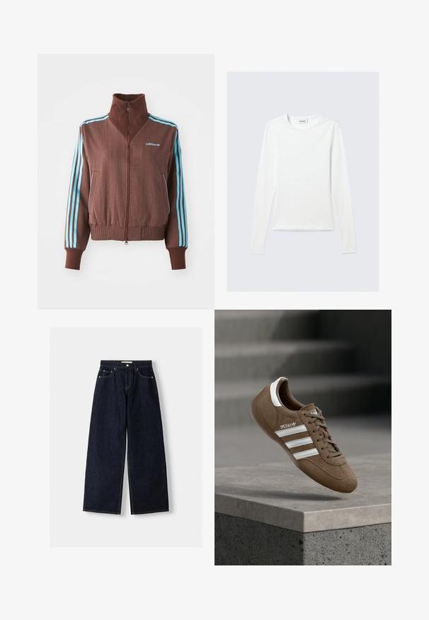 Bruine zip-up jas met een geribbelde textuur, voorzien van turquoise drie-strepen accenten op de schouders en mouwen, en een geborduurd logo.; Effen wit shirt met lange mouwen en ronde hals, slim fit, afgebeeld tegen een lichtgrijze achtergrond.; Donkerblauwe denim wijduitlopende jeans met een hoge taille, vijf zakken, contrasterende stiksels en zilveren metalen hardware. Gladde textuur en een nette afwerking.; Bruine suède Adidas Spezial sneaker met witte strepen en veters, zwevend boven een grijze betonnen richel tegen een vervaagde trap op de achtergrond.