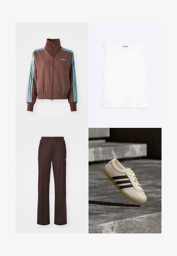 Chaqueta marrón con cremallera y textura acanalada, que presenta acentos de tres rayas turquesa en los hombros y las mangas, y un logotipo bordado.; Camiseta sin mangas blanca ajustada con escote redondo y diseño minimalista, etiquetada como "WEEKDAY" en el interior del cuello.; Pantalones deportivos marrones con una cinturilla elástica, dos bolsillos laterales y un pequeño logo en el lado izquierdo, hechos de una tela suave.; Zapatilla blanca con rayas negras y suela de goma suspendida sobre escaleras de hormigón en luz diurna suave.
