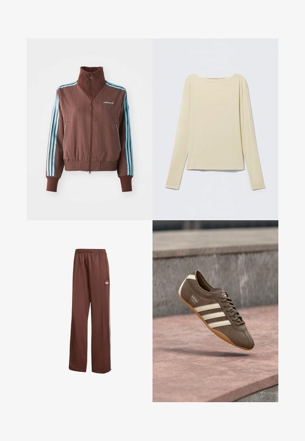Brun zip-up jakke med ribbet tekstur, der har turkise tre-stribe accenter på skuldrene og ærmerne samt et broderet logo.; Beige langærmet tætsiddende top med bådudskæring, vist fladt på en lys baggrund.; Brune sportsbukser med en afslappet pasform. Lavet af glat stof, med sidelommer, hvide striber og et lille hvidt logo på låret.; Brun ruskindssneaker med hvide striber og branding, med rund tå og ydersål af gummibelagt gummi, hængende over en struktureret overflade.