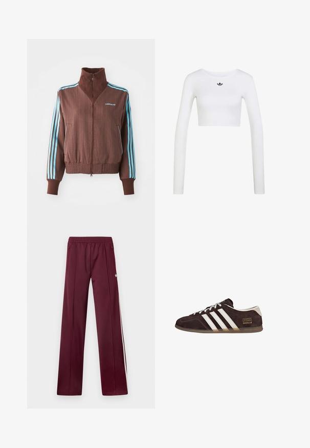 Veste zippée marron avec une texture côtelée, présentant des accents turquoise à trois rayures sur les épaules et les manches, ainsi qu'un logo brodé.; Haut court blanc à manches longues avec col rond et petit logo Adidas noir centré sous le col.; Pantalon de survêtement marron avec taille élastique, poches latérales zippées, bandes blanches sur les côtés et petit logo Adidas blanc sur la cuisse droite.; Baskets en suède marron avec trois bandes blanches, semelle en caoutchouc, et étiquette avec le texte "Gazelle" en or. Fermeture à lacets avec lacets gris.