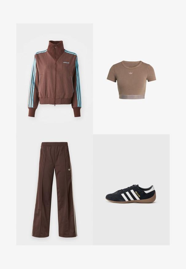 Bruine zip-up jas met een geribbelde textuur, voorzien van turquoise drie-strepen accenten op de schouders en mouwen, en een geborduurd logo.; Bruin geribd crop top met korte mouwen, ronde halslijn en een textuurrand aan de onderkant met een subtiel logopatroon.; Bruine sportbroek met een wijd uitlopende pijp, witte zijstrepen, een elastische tailleband en twee zijzakken. Heeft een klein logo op het been.; Zwarte suède sneaker met drie witte strepen, een rubberen gumzool en een klein gouden logo aan de zijkant. Heeft een gladde zwarte binnenvoering.