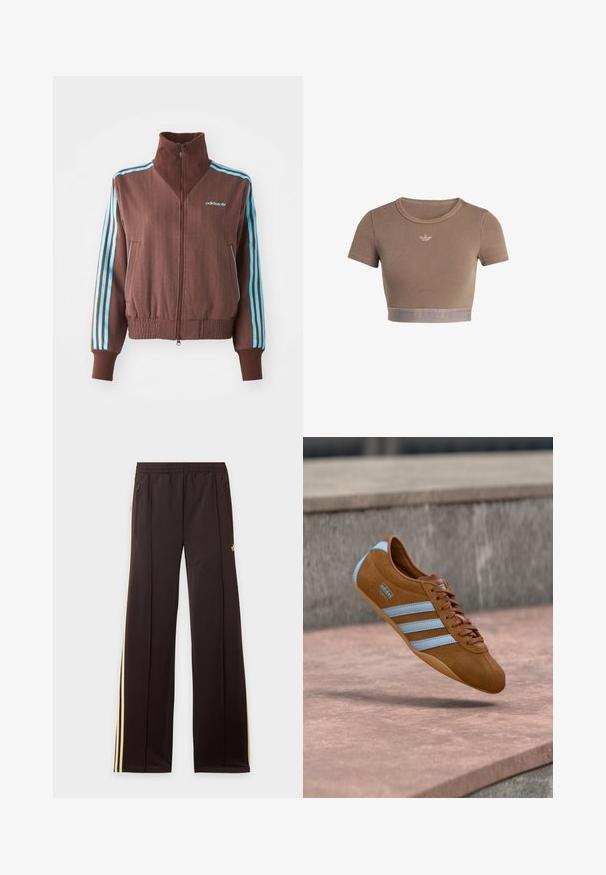 Brun zip-up jakke med ribbet tekstur, der har turkise tre-stribe accenter på skuldrene og ærmerne samt et broderet logo.; Brun ribstrikket cropped top med korte ærmer, rund halsudskæring og en tekstureret kant forneden med et diskret logo-mønster.; Sorte træningsbukser med gule sidelister, elastisk taljebånd, lynlåslommer i siderne og en lille logo på den øvre lår.; Brun ruskinnssneaker med lyseblå striber, snøredesign og gummisål. Har en logo på siden og en rundet tæffel.