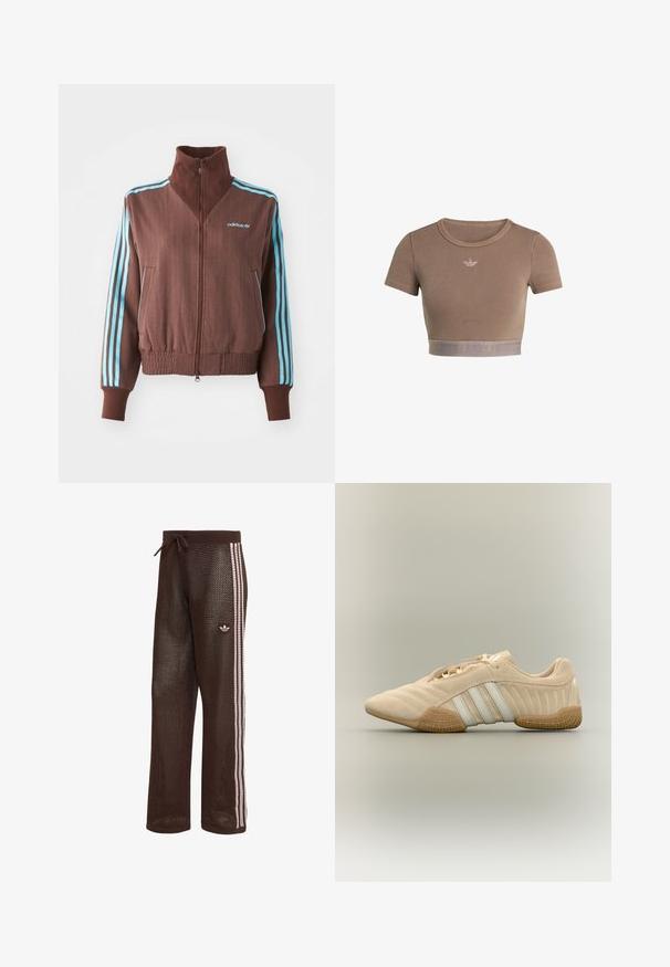 Braune Zip-Jacke mit strukturiertem Rippdesign, die türkise Akzente mit drei Streifen an den Schultern und Ärmeln aufweist, sowie ein gesticktes Logo.; Braunes, geripptes Crop-Top mit kurzen Ärmeln, rundem Ausschnitt und einem strukturierten Saumband am unteren Rand mit einem dezenten Logomuster.; Braune Netz-Jogginghose mit pinken dreifachen Streifen an den Seiten, elastischem Bund mit Kordelzug und Adidas-Trefoil-Logo am linken Oberschenkel.; Beiger Wildledersneaker mit weißen Streifen und strukturierter Gummisohle, Seitenansicht vor neutralem Hintergrund.