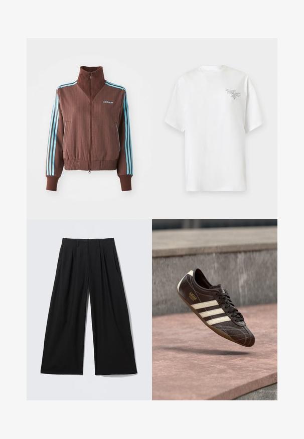 Braune Zip-Jacke mit strukturiertem Rippdesign, die türkise Akzente mit drei Streifen an den Schultern und Ärmeln aufweist, sowie ein gesticktes Logo.; Weißes kurzärmeliges T-Shirt mit kleinem schwarzem kursivem Schriftzug auf der linken Brust mit dem Text "cartoons ME" auf einfachem hellem Hintergrund.; Schwarze, weit geschnittene Hose mit vorderen Falten, Gürtelschlaufen und verdecktem vorderem Verschluss, flach auf einem hellen Hintergrund ausgelegt.; Brauner Ledersneaker mit weißen drei Streifen, strukturierter Oberfläche, Schnürdesign und brauner Gummisohle. Verfügt über ein eingeprägtes Logo an der Seite.