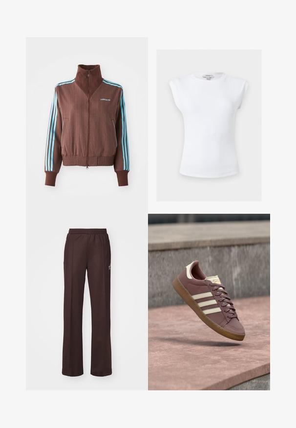Brun zip-up jakke med ribbet tekstur, der har turkise tre-stribe accenter på skuldrene og ærmerne samt et broderet logo.; Hvid ribbet ærmeløs top med polstrede skuldre og rund halsudskæring, størrelse small, mærket Topshop indvendigt i kraven.; Brune træningsbukser med elastisk talje, to sidelommer og et lille logo på venstre side, lavet af et blødt stof.; Pink lædersneaker med beige accenter, der har tre hvide striber, rund tå, brun gummisål og snørebånd. Klassisk design med syningsdetaljer.