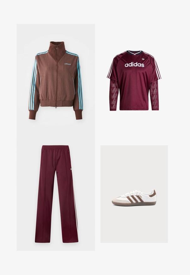 Bruine zip-up jas met een geribbelde textuur, voorzien van turquoise drie-strepen accenten op de schouders en mouwen, en een geborduurd logo.; Donkerrode Adidas longsleeve met mouwen van mesh, wit logo en strepen op de schouders, zwarte en witte kraag, voorkant gezien.; Wijnrode trainingsbroek met elastische tailleband, zijzakken met rits, witte zijstrepen en een klein wit Adidas-logo op de rechterdij.; Witte Adidas Samba sneaker met bruine suède strepen en hieltab, beige neuskap en gum rubberen zool op effen achtergrond.