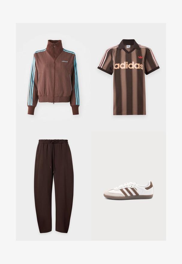 Bruine zip-up jas met een geribbelde textuur, voorzien van turquoise drie-strepen accenten op de schouders en mouwen, en een geborduurd logo.; Bruine gestreepte Adidas polo met V-hals, bordeauxrode kraag en rood logo. Heeft witte en rode schouderstrepen, korte mouwen.; Bruine casual broek met een elastische tailleband en trekkoord, plat neergelegd tegen een lichte achtergrond.; Witte Adidas Samba sneaker met bruine suède strepen, bruine rubberen zool en beige suède neuskap, getoond vanaf de buitenkant op een effen achtergrond.